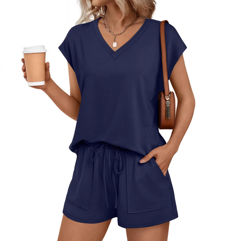 V-neck short-sleeved shirt and shorts set A09-762