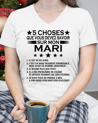 AVRIL - 5 CHOSES QUE VOUS DEVEZ SAVOIR SUR MON MARI - T-SHIRT CADEAU DU MARI - FR/LUAN04 (SKU2605-257-04)