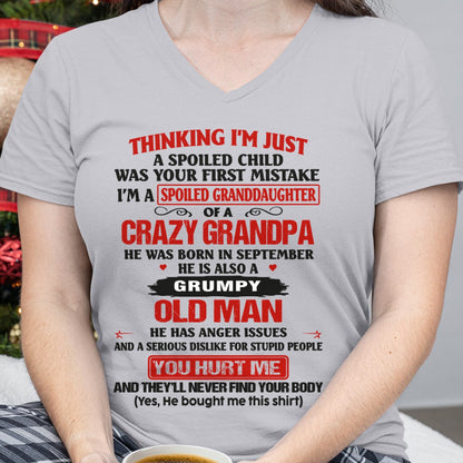 Spoiled Granddaughter of a Crazy Grandpa Shirt – Birthday Gift from September Grandpa / Man - luan09 (SKU12-200-09)